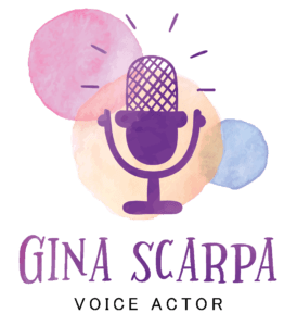 logo for female voice actor Gina Scarpa, logo has a microphone and three circles