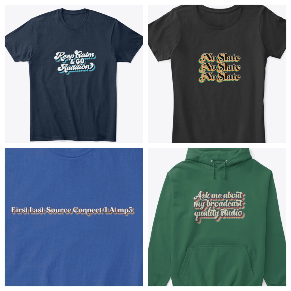 Voiceover clothing featured in the Positively Voiceover TeeSpring store, from Positive Voices Studio